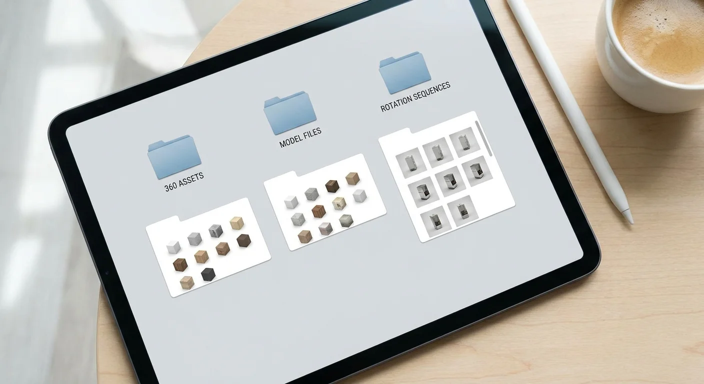 A top-down view of a highly organized digital workspace showing folders neatly filled with 3D model icons and rotating image sequence thumbnails.