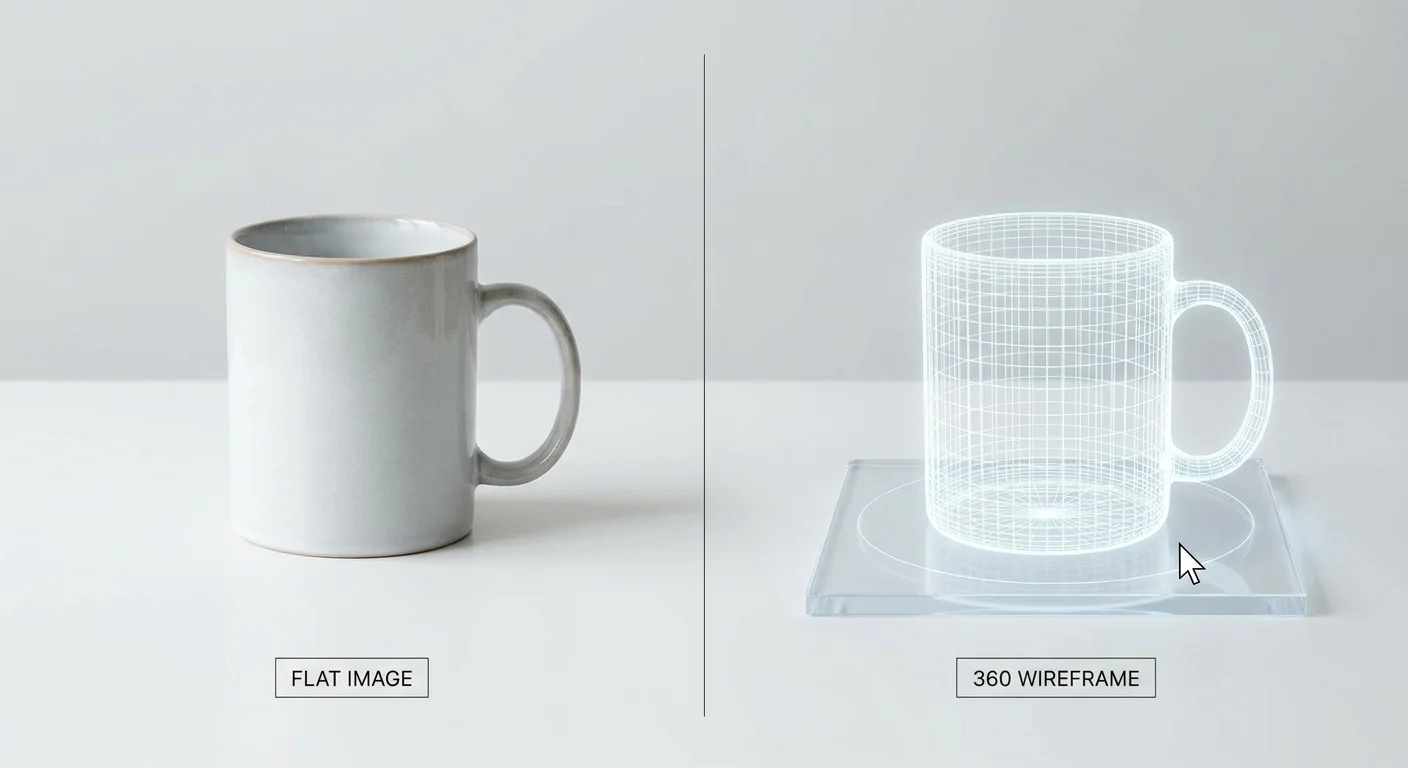 A split-screen visual showing a standard flat product image on one side and a fully interactive, glowing 3D wireframe model on the other.