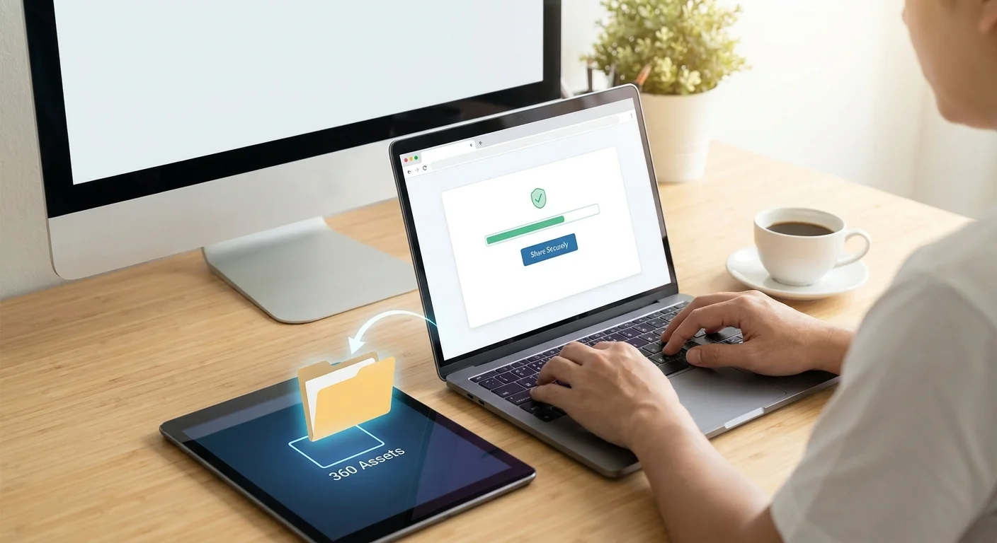 An e-commerce manager at a modern desk seamlessly sharing a glowing digital folder labeled '360 Assets' through a sleek, secure web portal.