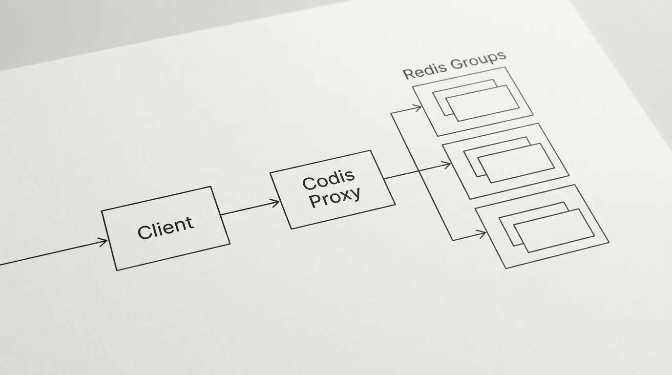 A minimal architecture diagram showing a client request flowing through a Codis proxy into several Redis server groups, labeled "Client", "Codis Proxy", and "Redis Groups"; no endpoint names, credentials, or invented response fields.