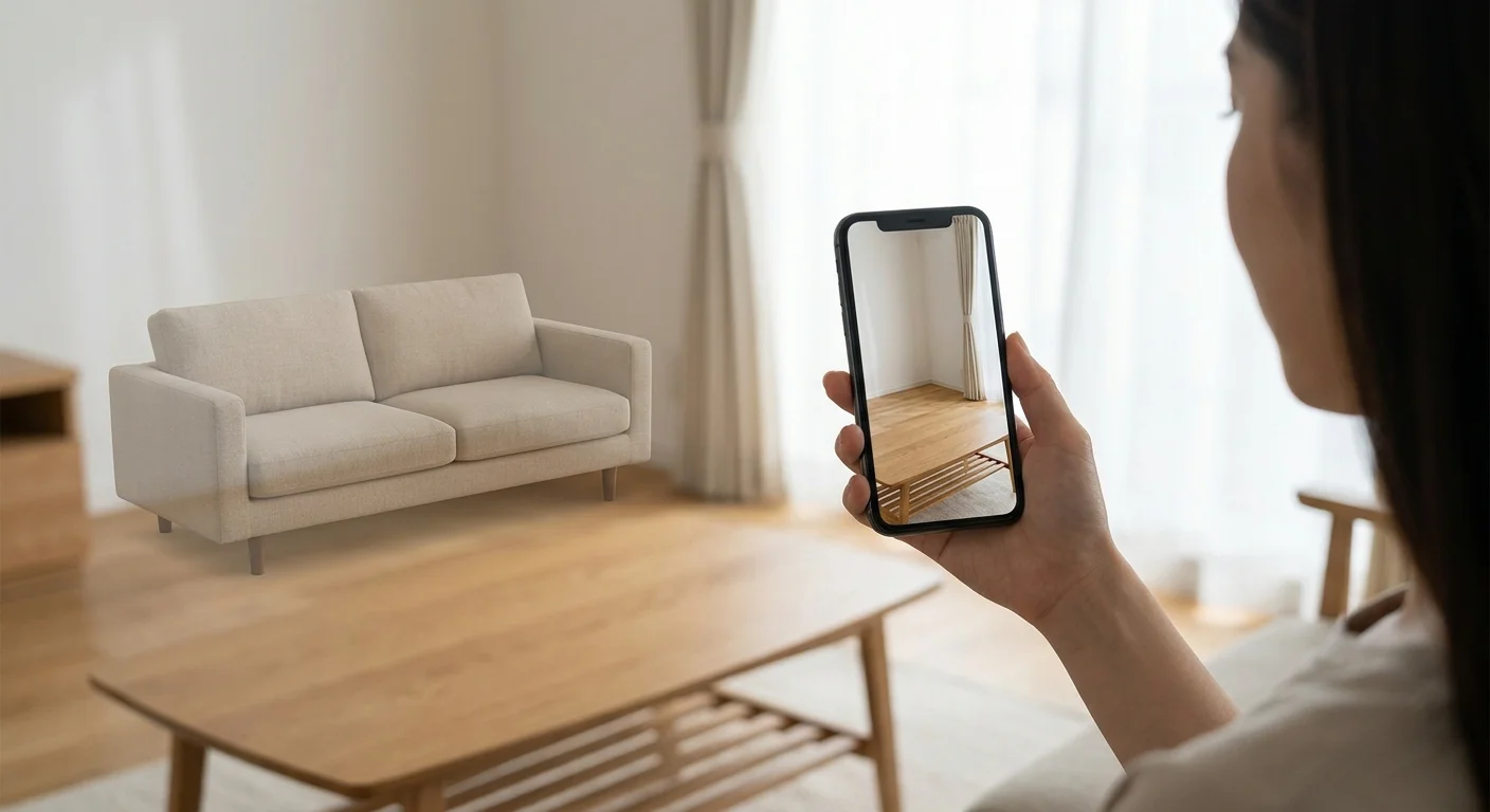 A shopper holding a smartphone in their living room, visualizing a perfectly scaled virtual couch through the screen.