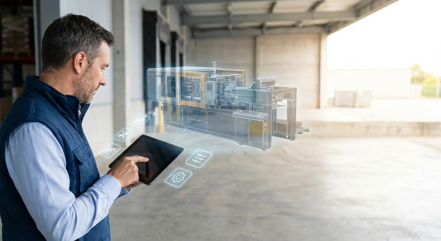 A warehouse manager using a tablet to project and configure a complex piece of heavy industrial machinery in an empty loading dock.