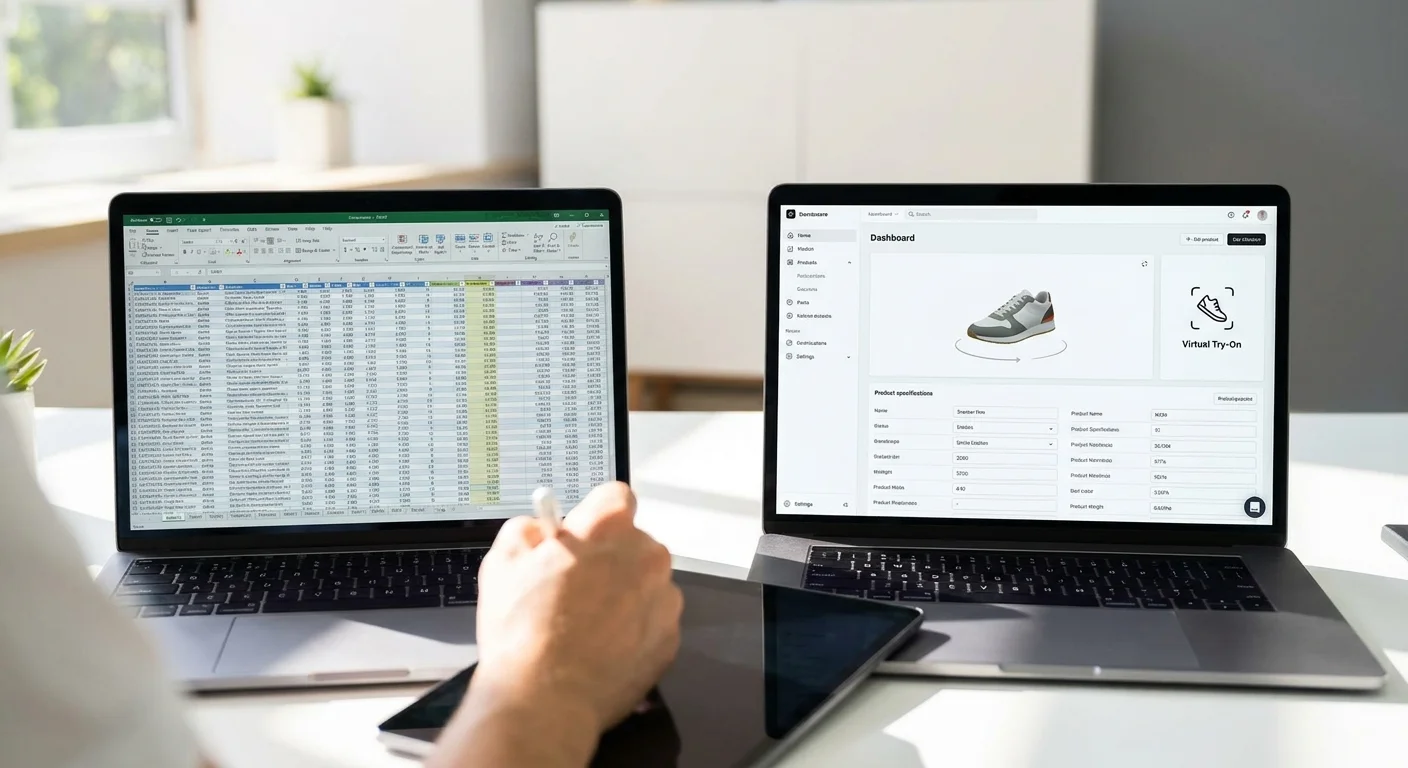 A split screen showing a chaotic spreadsheet next to a streamlined, modern software dashboard seamlessly organizing 3D model files and product specs.