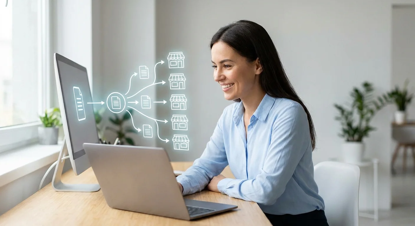A professional e-commerce manager sitting at a clean desk, smiling at a glowing dashboard that shows data flowing seamlessly into multiple storefront icons.