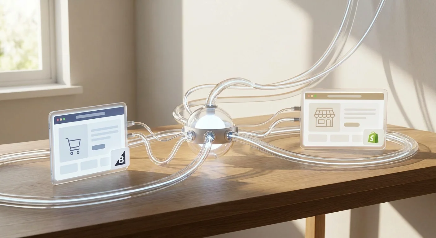 A visual representation of data pipelines flowing from a central, glowing hub into distinct e-commerce platforms like BigCommerce and Shopify.