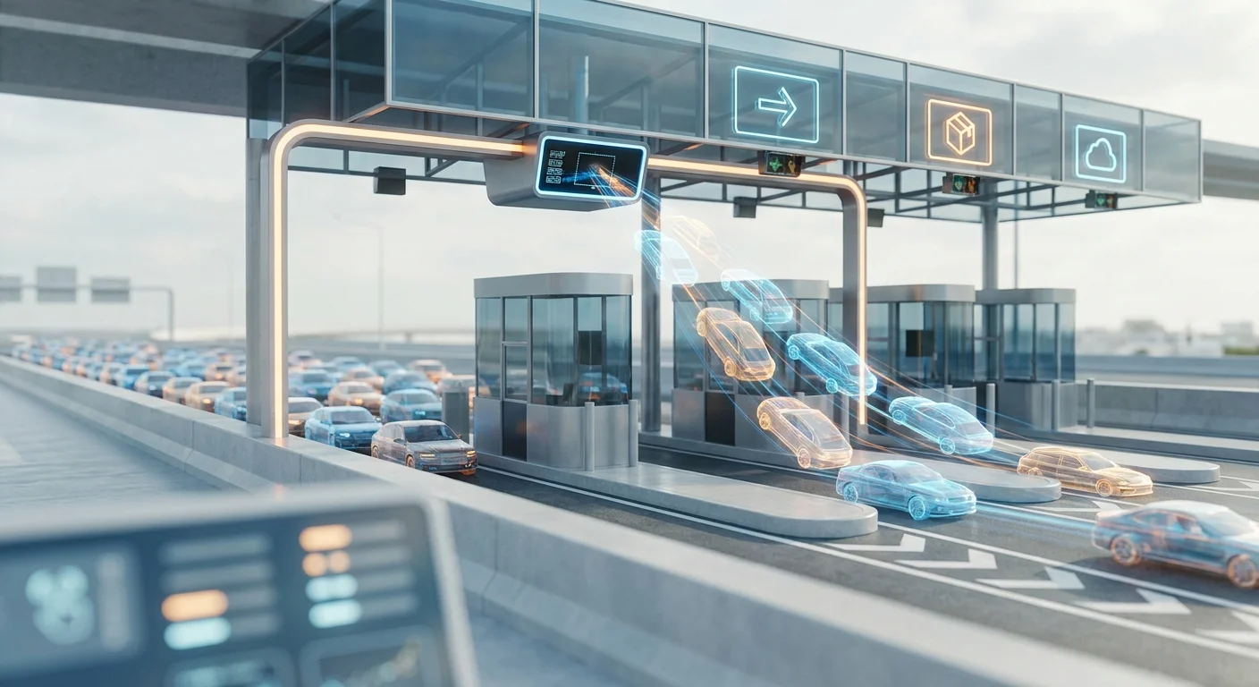 A technical traffic-control metaphor showing a digital tollbooth efficiently organizing incoming streams of data cars to avoid a traffic jam.