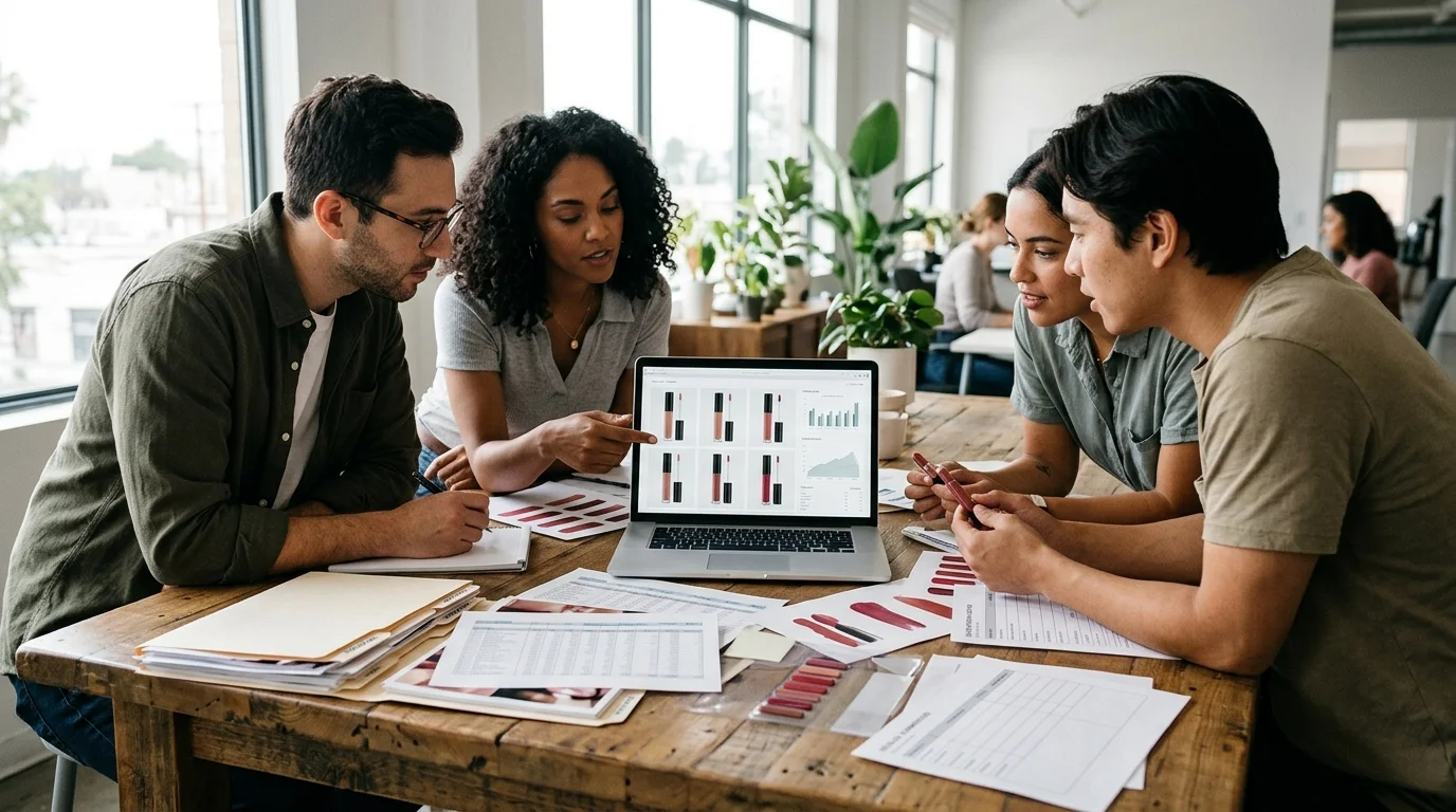 A beauty operations team gathers around a laptop showing one lipstick family while scattered spreadsheets, image folders, and retailer templates surround them, making the fragmented-to-centralized problem vivid; use no readable text.