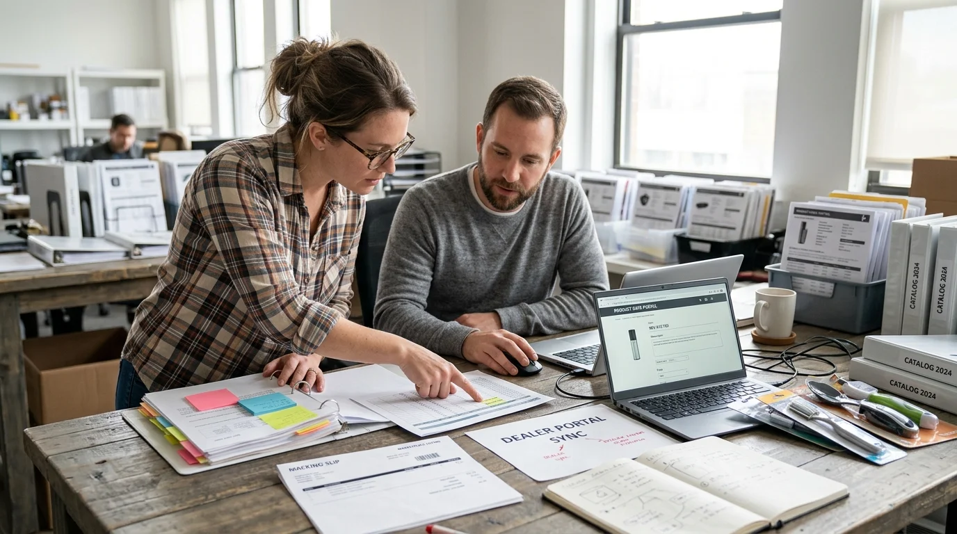 A product manager and e-commerce lead reconciling one SKU across a spreadsheet, storefront, marketplace, and dealer portal in a busy catalog workspace.