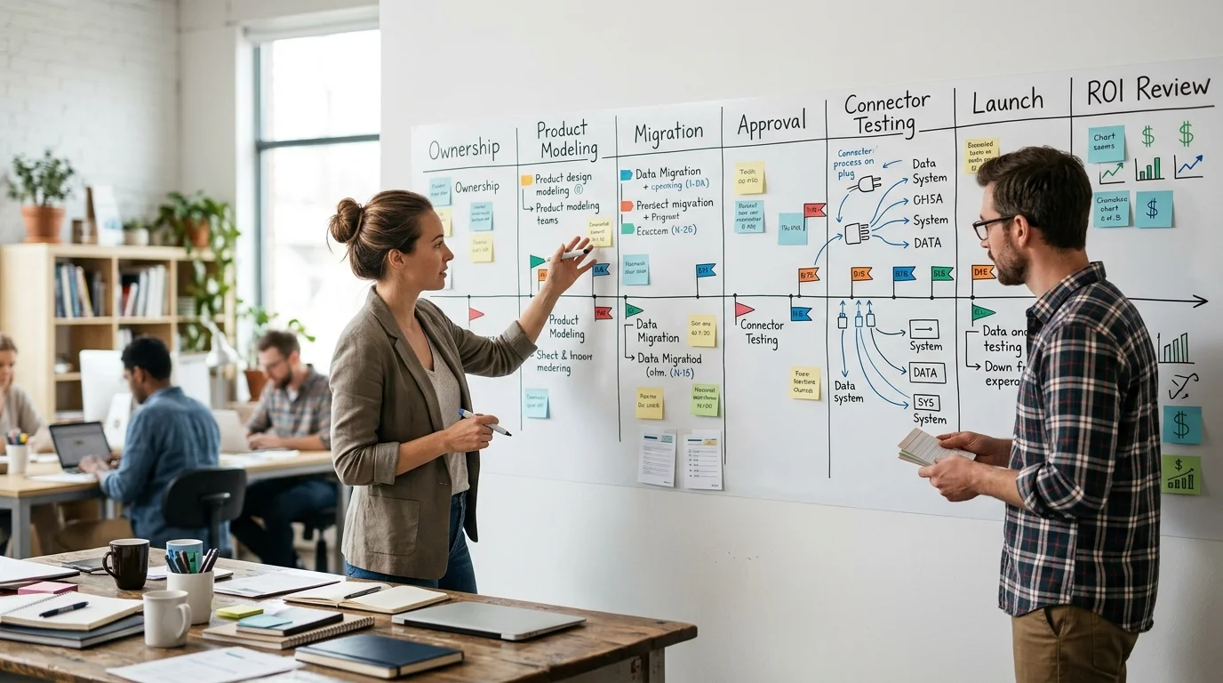 A practical PIM rollout timeline showing ownership, product modeling, migration, approval, connector testing, launch, and ROI review.