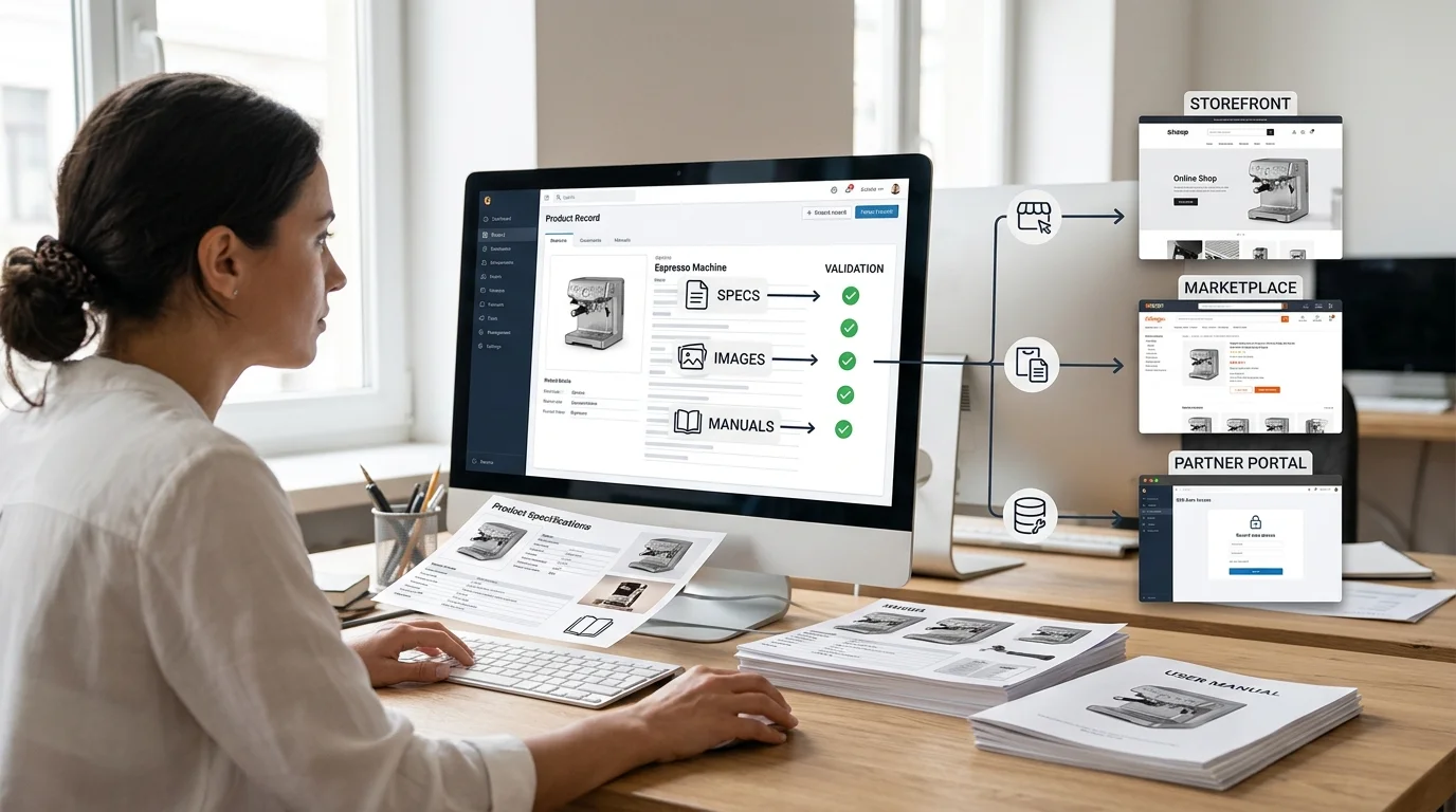 A product record with linked specifications, images, and manuals flowing through validation into a storefront, marketplace, and partner portal.