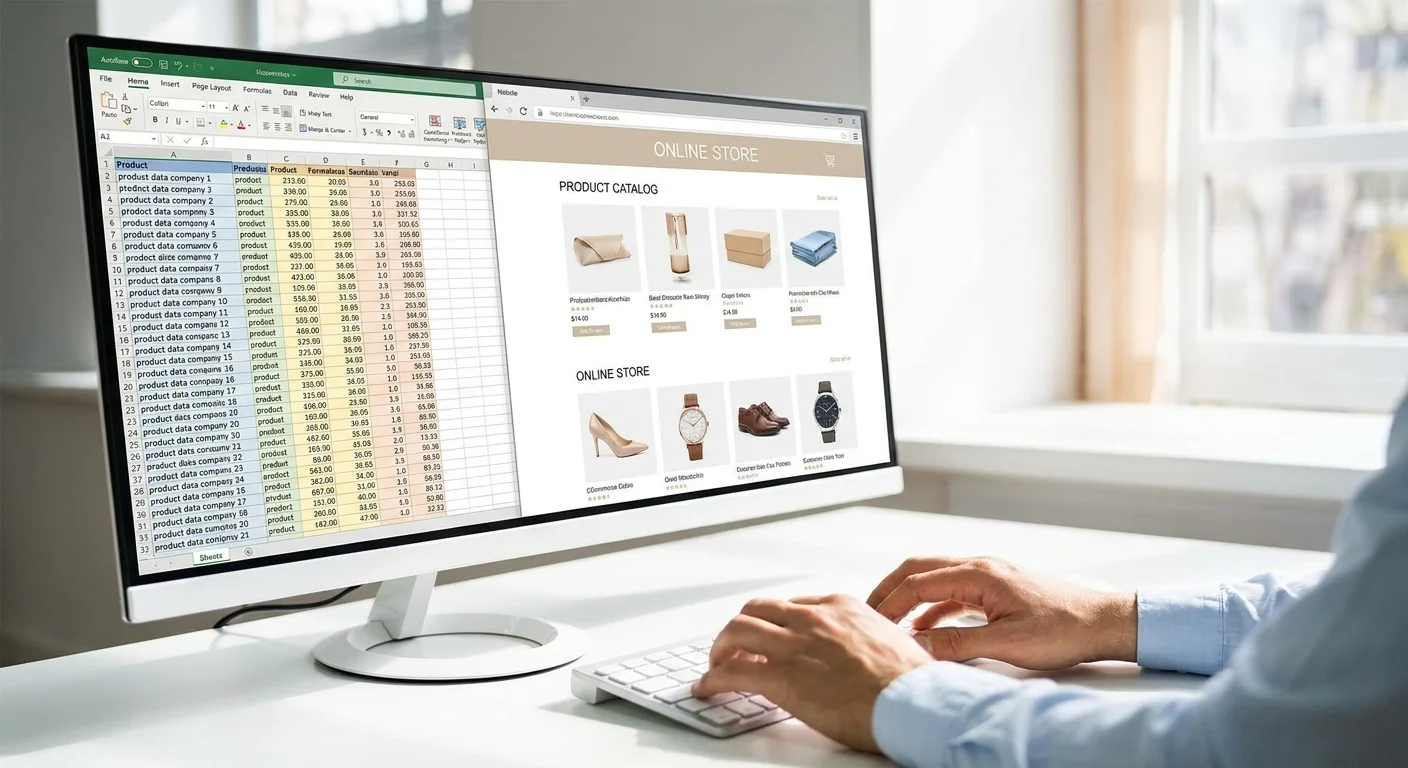A split-screen digital workspace showing messy, raw spreadsheet data on one side transforming into neatly organized, AI-generated eCommerce product descriptions on the other.