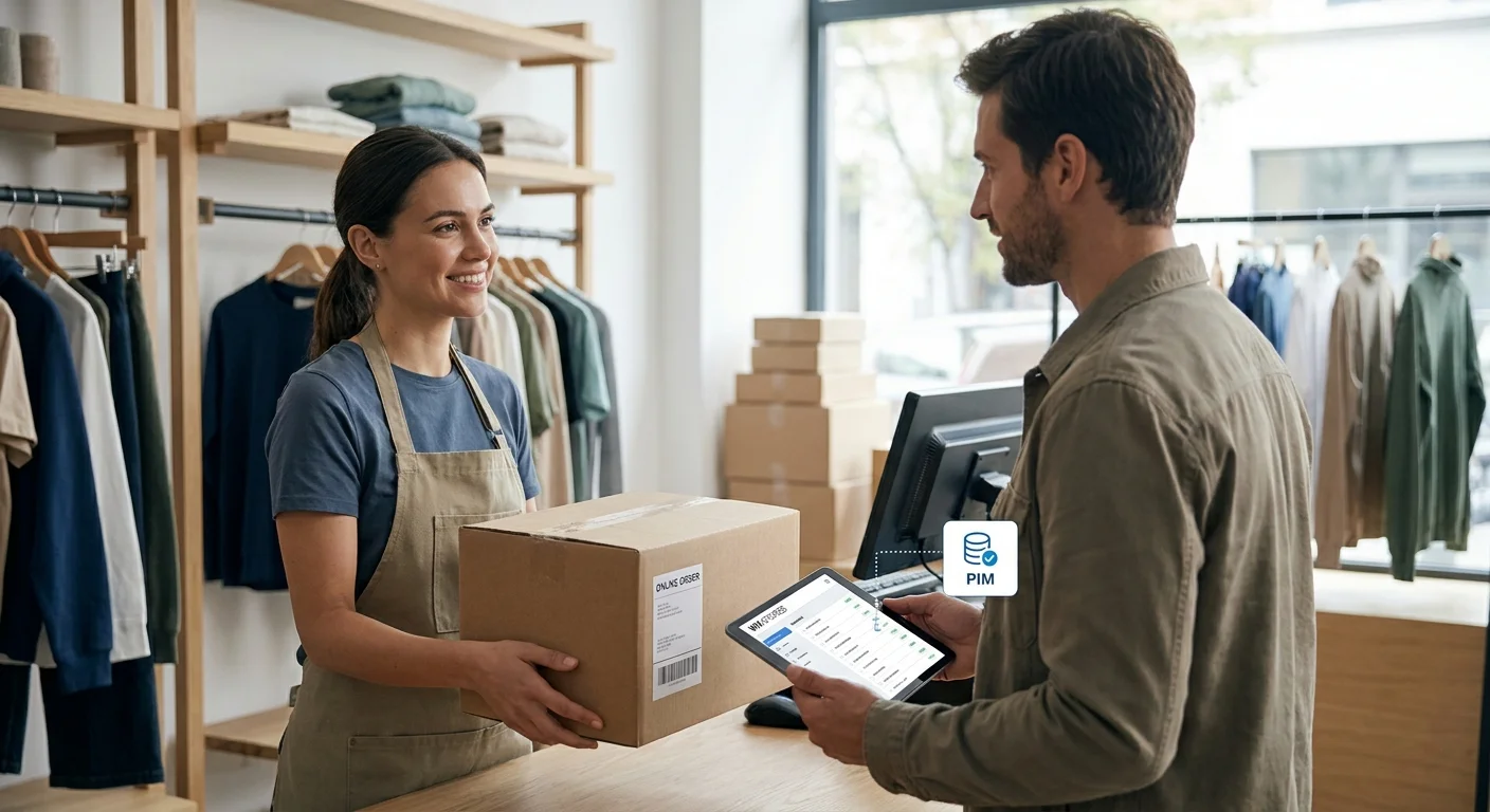 A retail worker handing a packaged online order to a customer inside a physical brick-and-mortar store, representing omnichannel inventory convergence.
