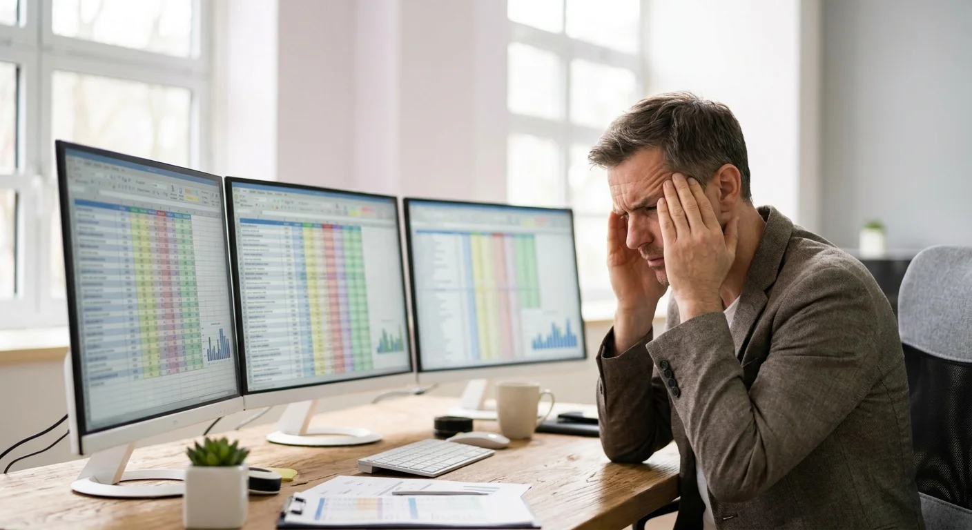 A stressed supply chain manager rubbing their temples while looking at multiple monitors filled with chaotic, color-coded spreadsheet data.