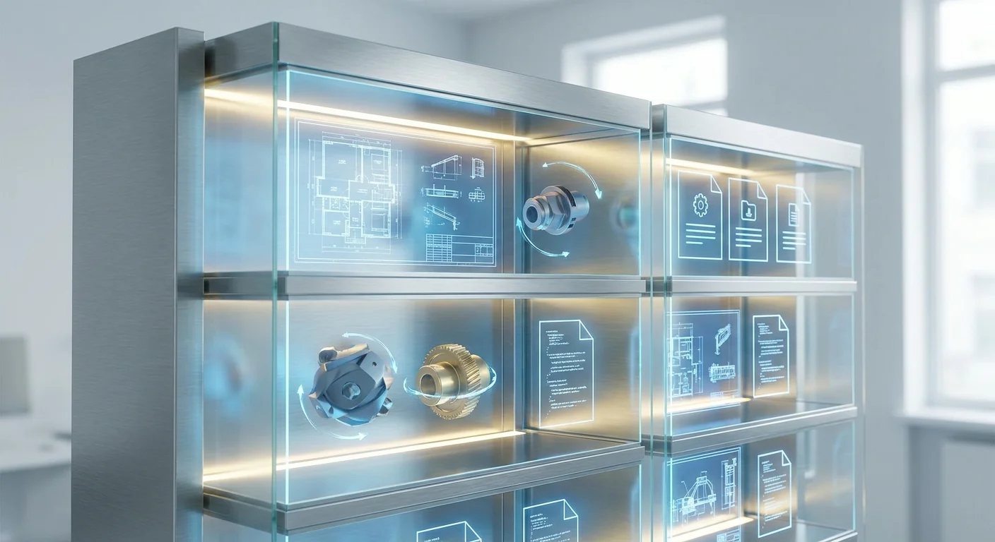 A glowing, organized digital vault neatly storing product blueprints, 3D models, and specification documents in a single unified futuristic space.