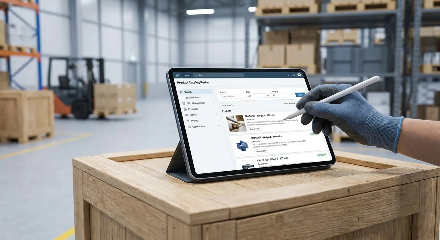 A modern B2B warehouse setting with a sleek tablet resting on a shipping crate, displaying a clean, interactive product catalog portal.