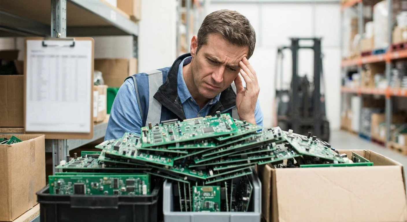 A frustrated warehouse manager looking at a towering, disorganized pile of identical-looking green circuit boards.