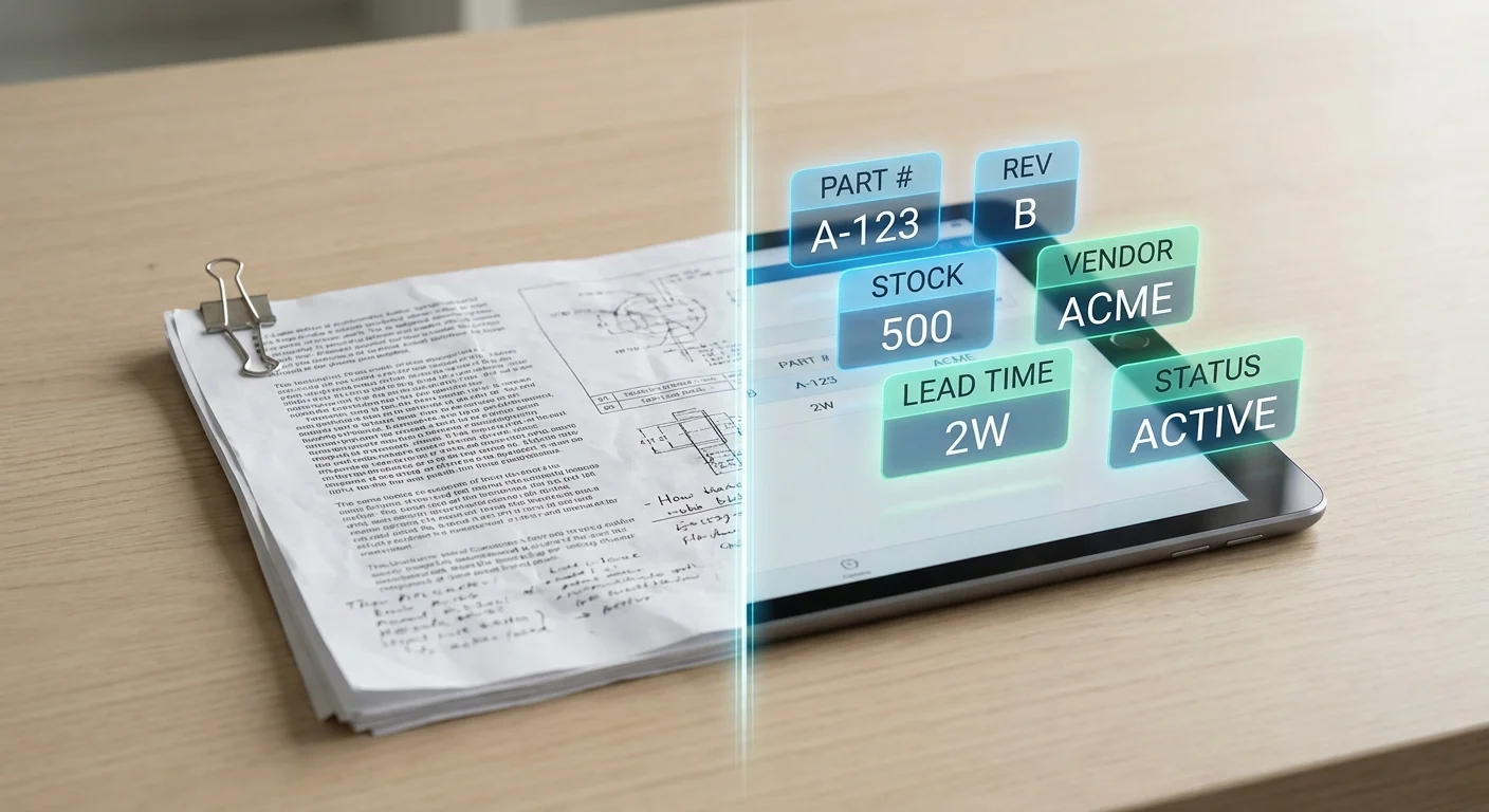 A split-screen visualization showing a messy, text-heavy PDF spec sheet on one side transforming into neatly organized, glowing digital data tags on the other.