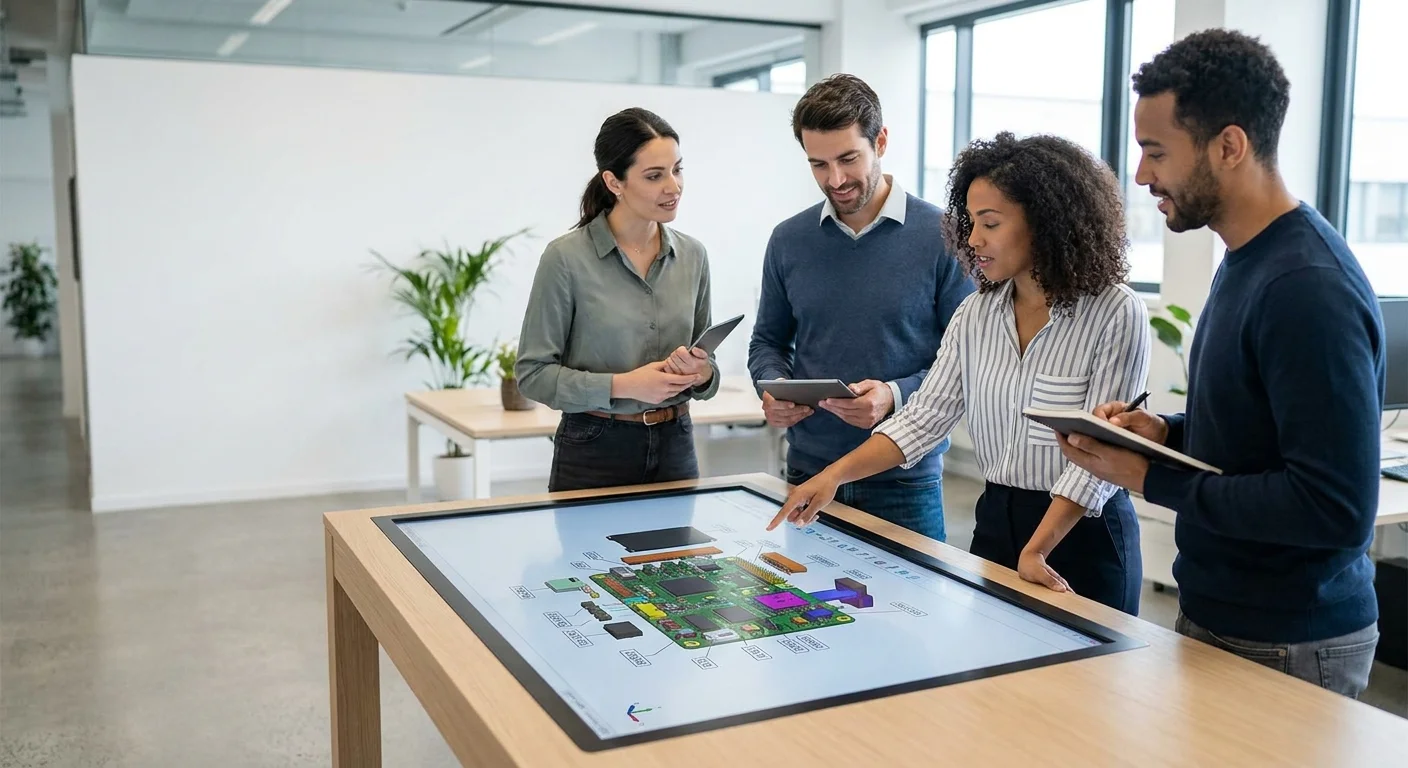 A team of engineers and e-commerce managers collaborating around a large interactive screen displaying complex 3D CAD models of electronic components.