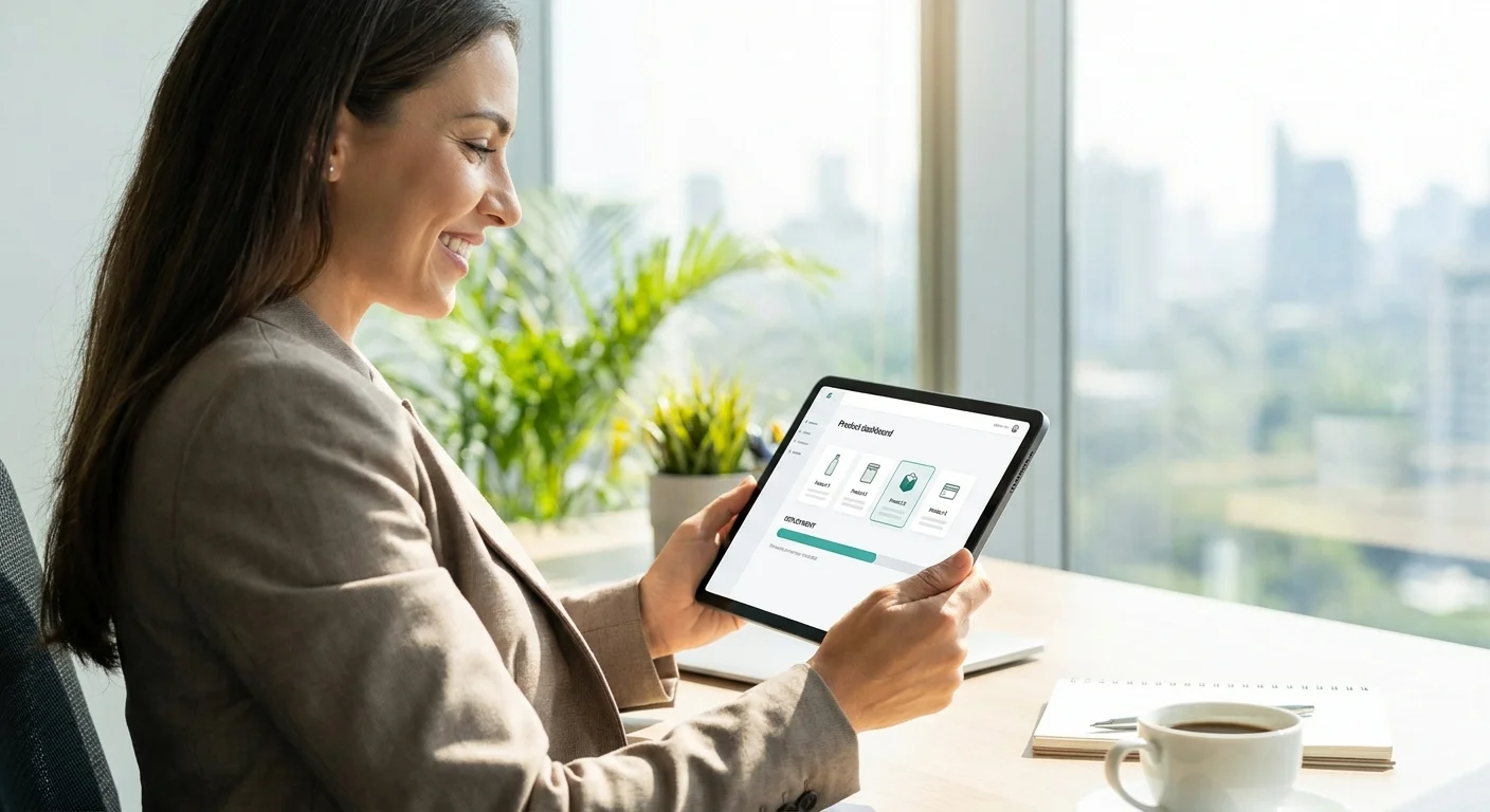 A confident e-commerce manager reviewing a clean, unified product dashboard on a tablet in a bright, modern office.