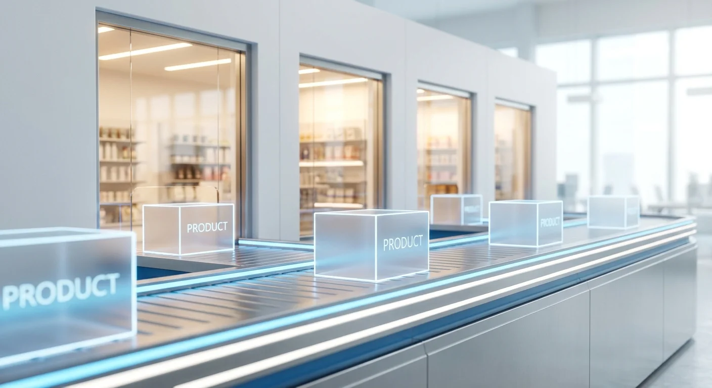 A sleek, futuristic conveyor belt metaphorically moving digital product boxes smoothly and directly into various glowing storefront windows.