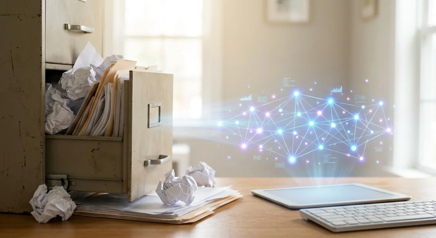 A visual metaphor showing a messy, overflowing file cabinet transforming into a glowing, organized digital node network.