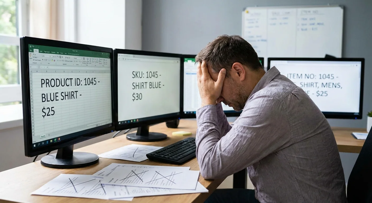 A frustrated e-commerce manager staring at three different computer monitors showing conflicting product spreadsheets.