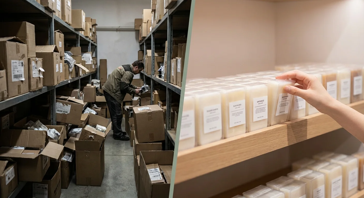 A split-screen visual showing a chaotic, disorganized warehouse on one side and a perfectly clean, illuminated retail shelf on the other.