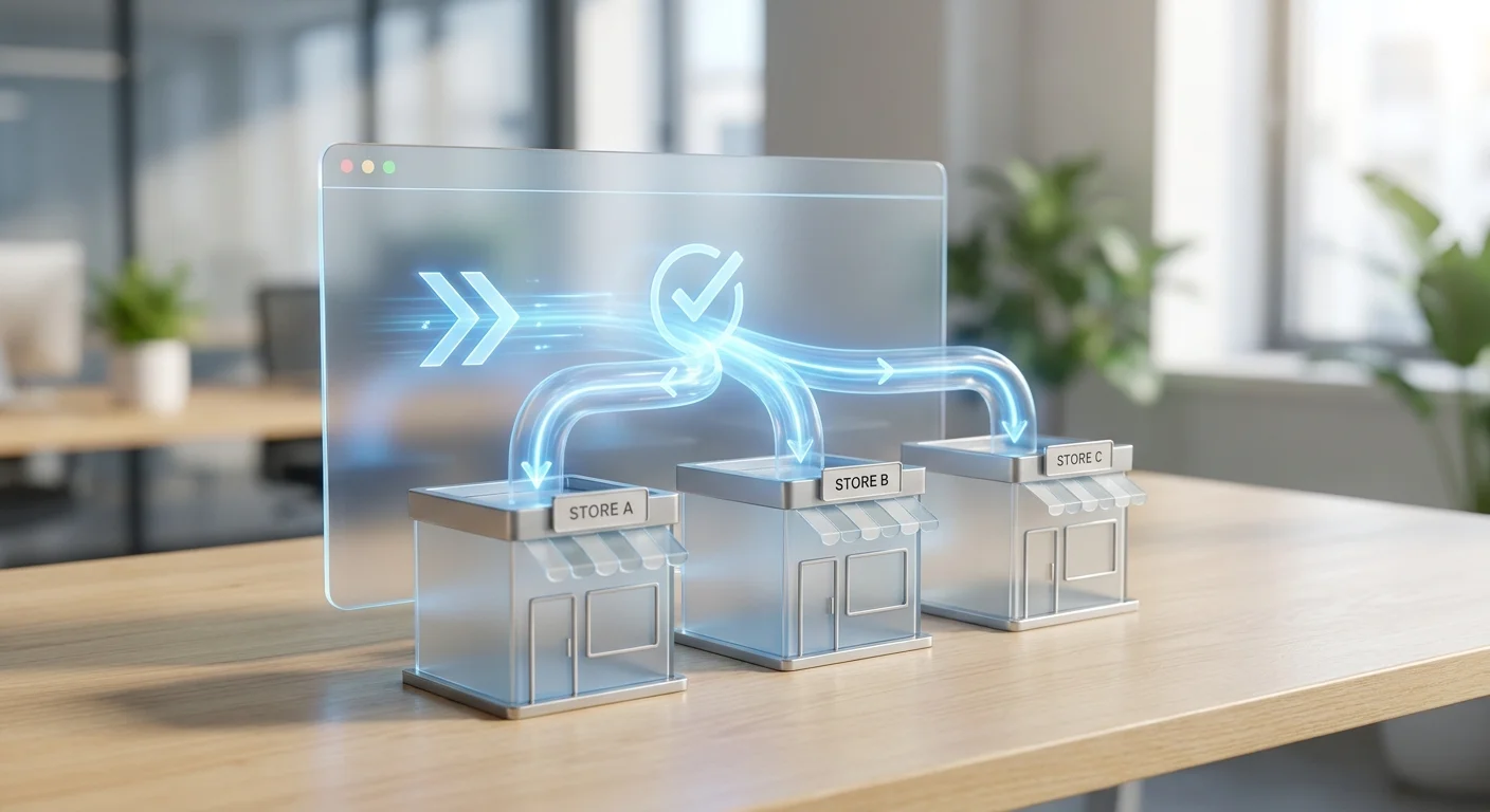A futuristic dashboard interface funneling a glowing, unified stream of data into multiple different storefront boxes.