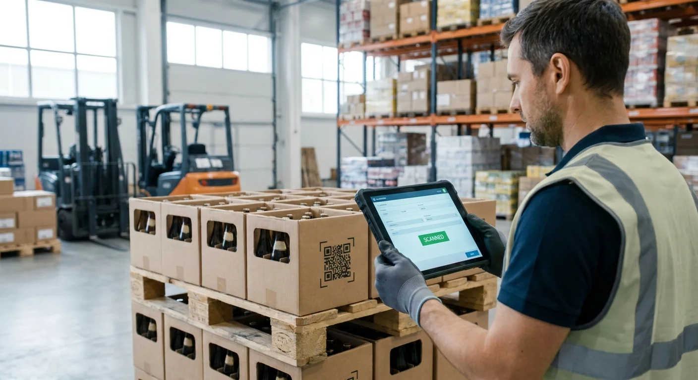 A warehouse manager in a bright logistics center scanning a 2D QR code on a pallet of beverage crates using a rugged tablet.