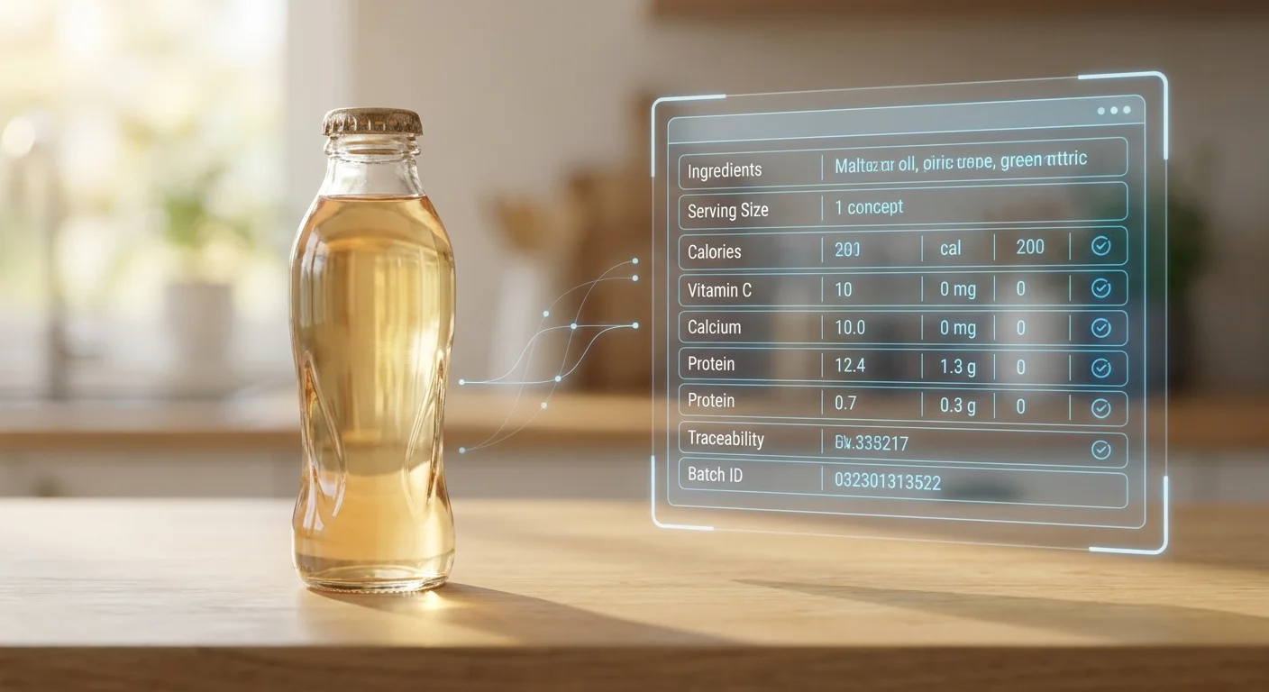 A split-screen digital rendering showing a 3D beverage bottle on the left and a structured, glowing nutritional data matrix on the right.