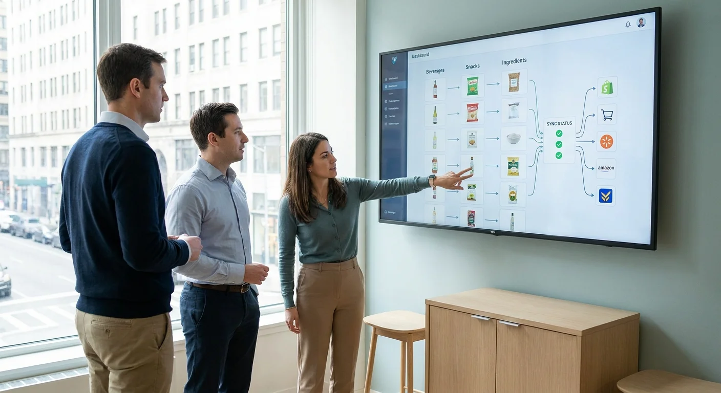 A team of e-commerce managers collaborating around a large, modern digital dashboard showing synchronized product catalogs pushing to various online storefronts.