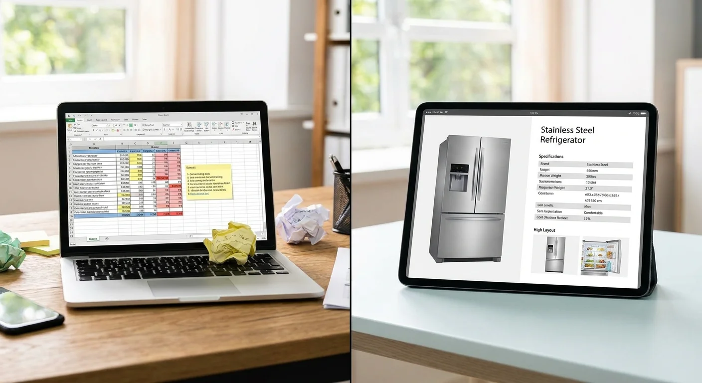 A split-screen visual showing a chaotic, error-filled spreadsheet on one side and a clean, highly organized digital catalog of a stainless steel refrigerator on the other.