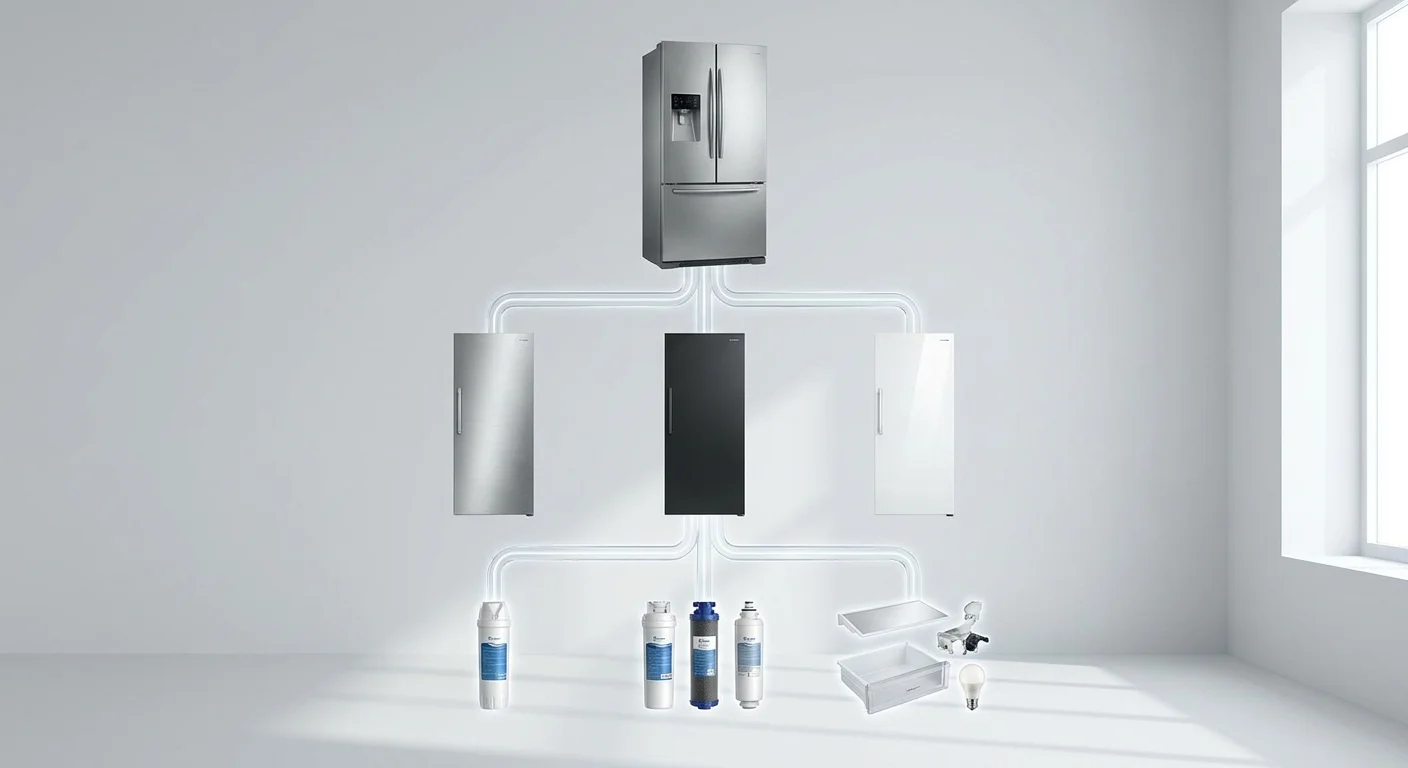 A conceptual diagram showing a parent refrigerator model at the top, branching down into different color finishes, compatible water filters, and specific replacement parts.