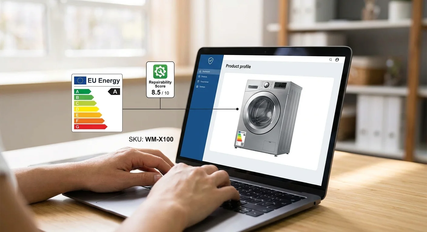 A digital asset compliance dashboard displaying an EU Energy label and a repairability score visibly linked to a modern washing machine SKU.