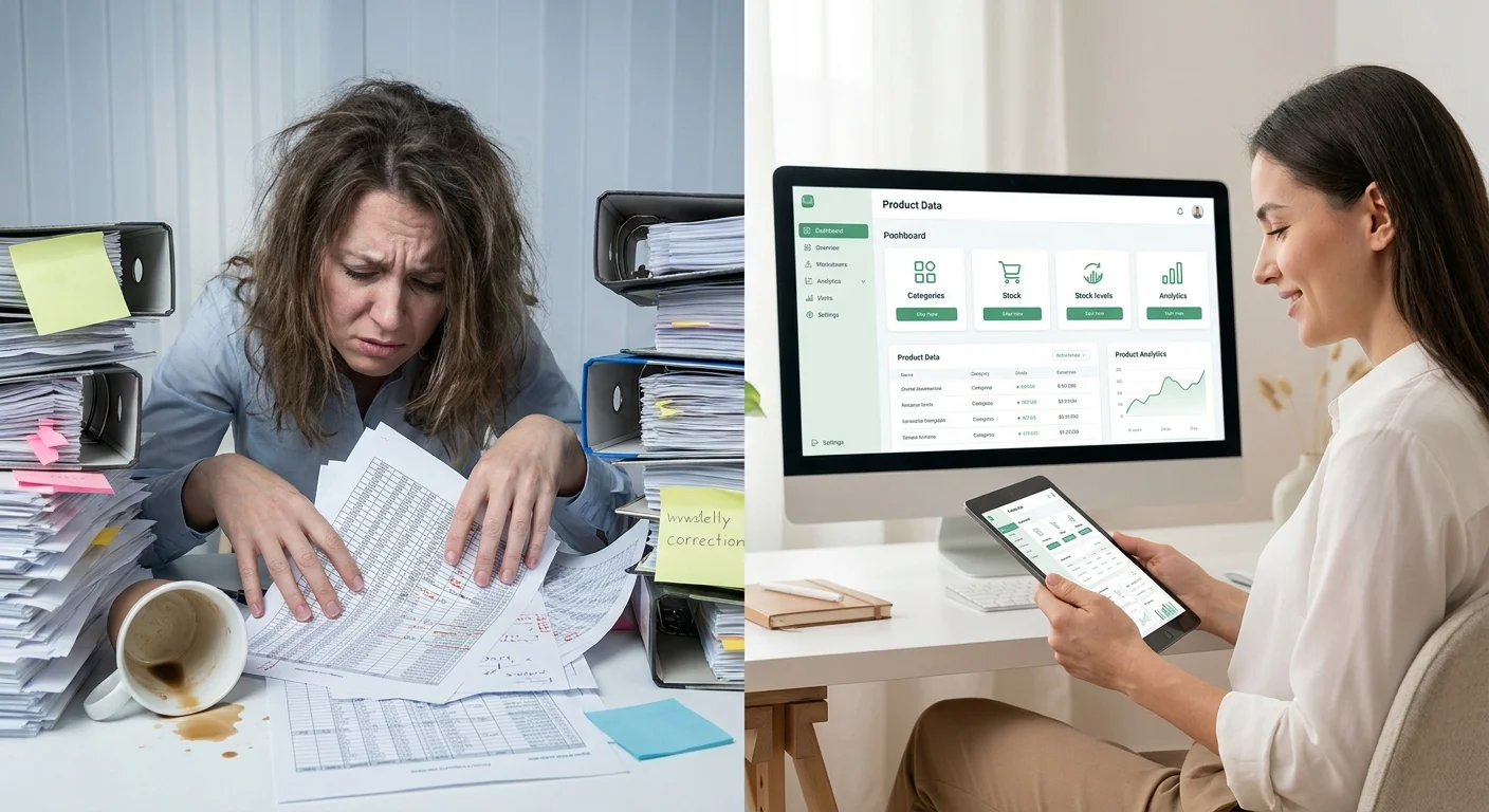 A split-screen illustration showing a frustrated team member drowning in chaotic spreadsheet cells on the left, and a calm e-commerce manager using a sleek, centralized digital dashboard on the right.