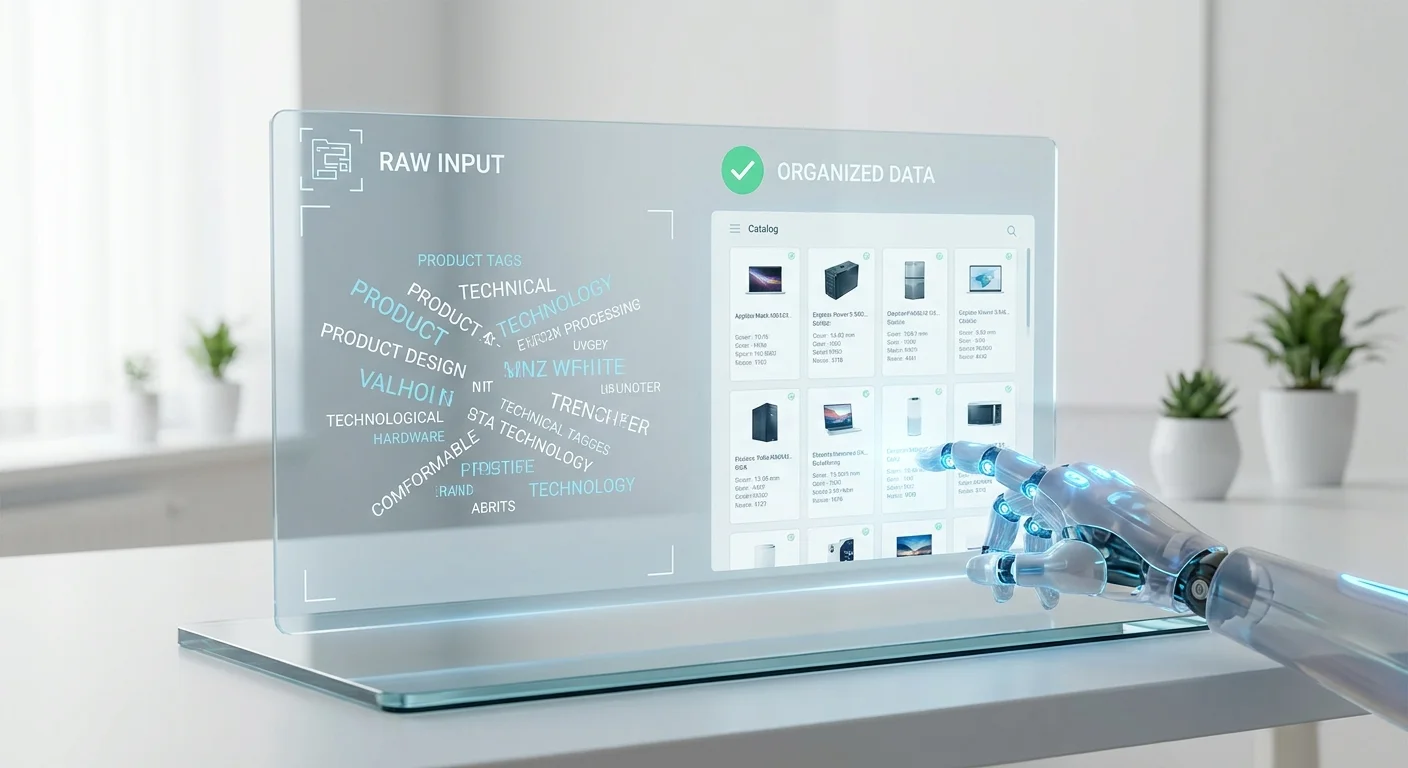An AI robot interface rapidly processing and standardizing raw product tags and technical descriptions into a neat, organized digital catalog.
