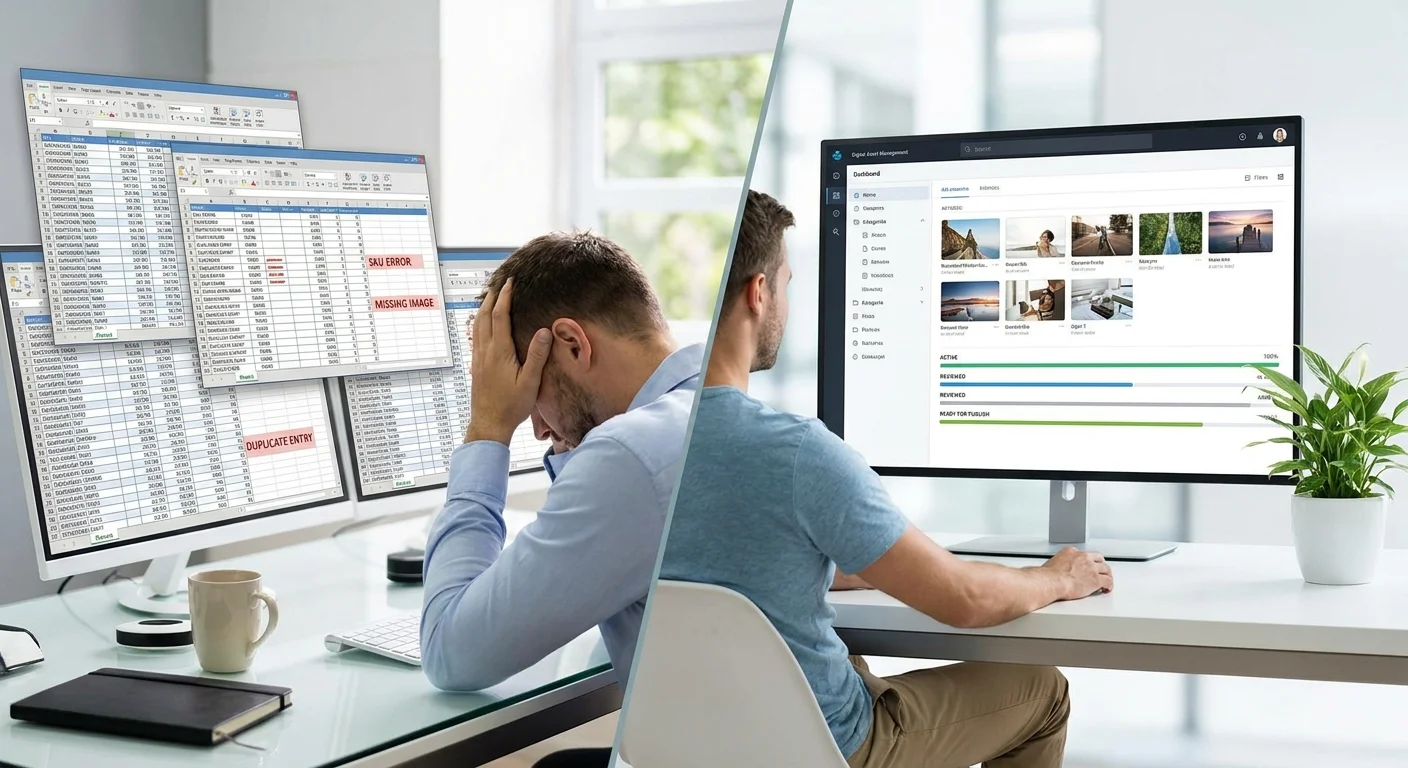 A split-screen visual showing a stressed worker overwhelmed by messy spreadsheet windows on the left, and a calm professional reviewing a highly organized, automated digital asset dashboard on the right.