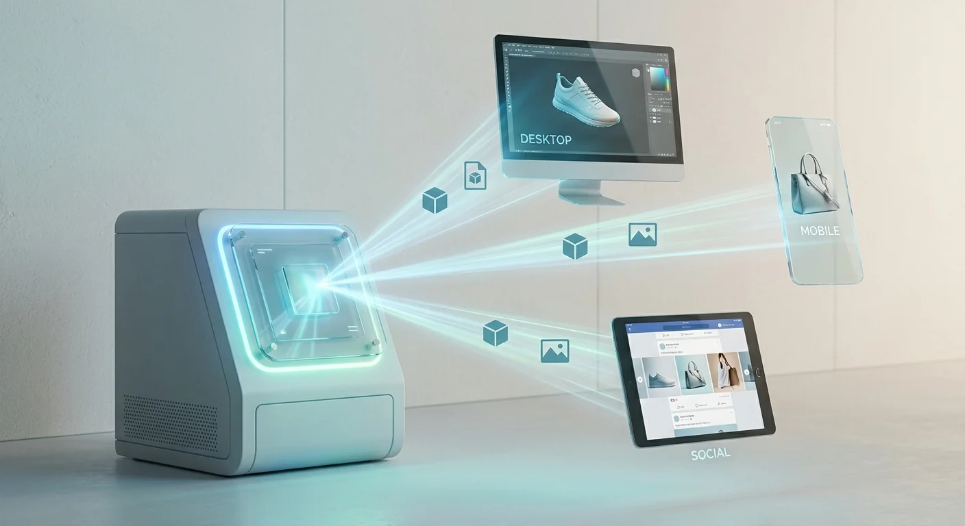 A futuristic flow diagram illustrating a centralized digital hub automatically beaming optimized 3D product visuals and high-resolution images to various desktop, mobile, and social media storefronts.