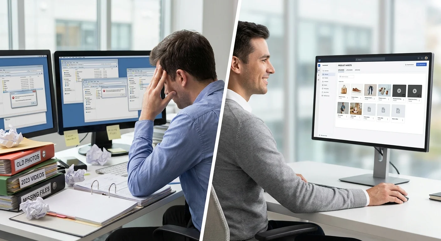 A split-screen comparison showing a frustrated e-commerce manager surrounded by messy desktop folders on the left, and a calm professional using a clean, unified digital dashboard on the right.