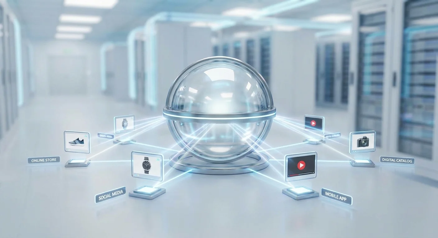 A futuristic network diagram showing a glowing central hub seamlessly distributing image and video files to various retail storefront and social media icons.