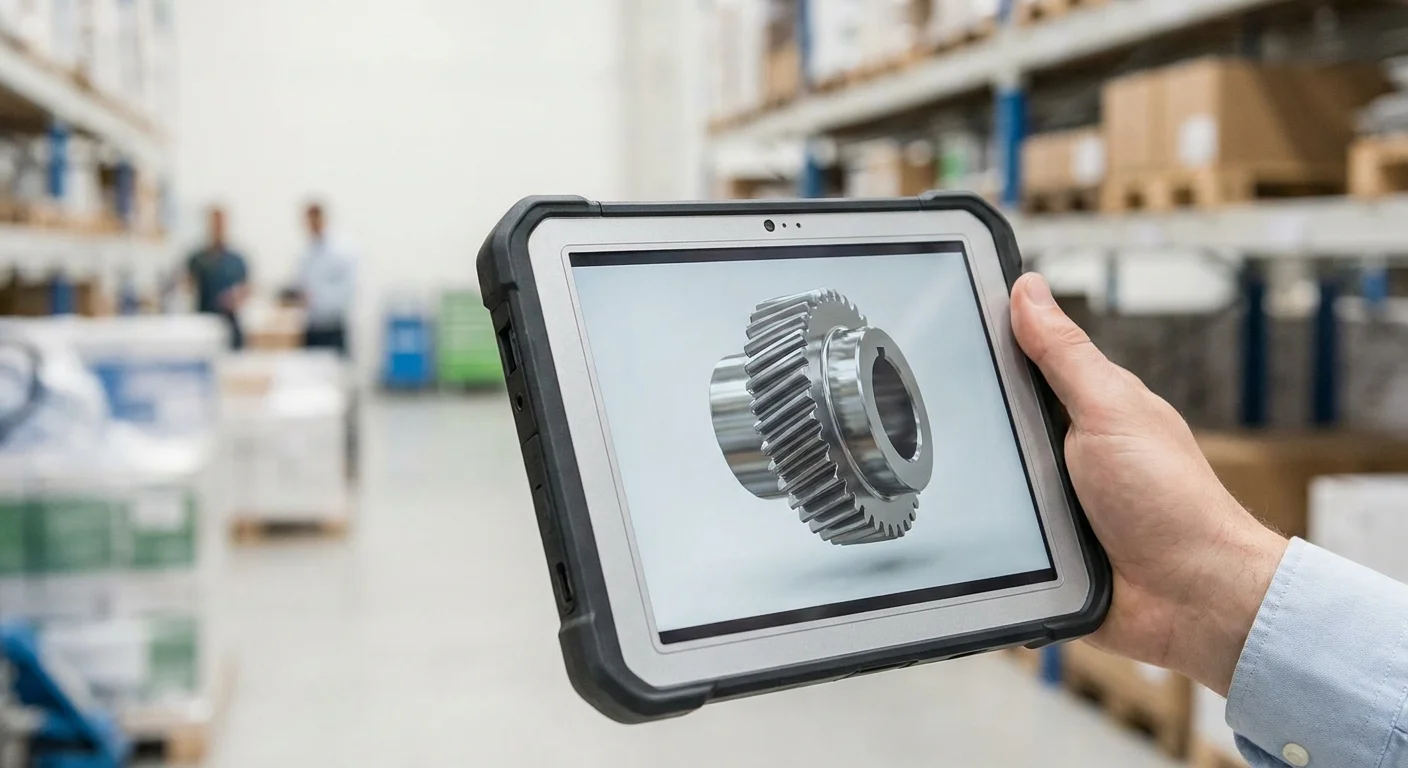 A modern warehouse setting where a distributor easily pulls up a highly detailed, 360-degree product video on a rugged tablet directly from a manufacturer's brand portal.