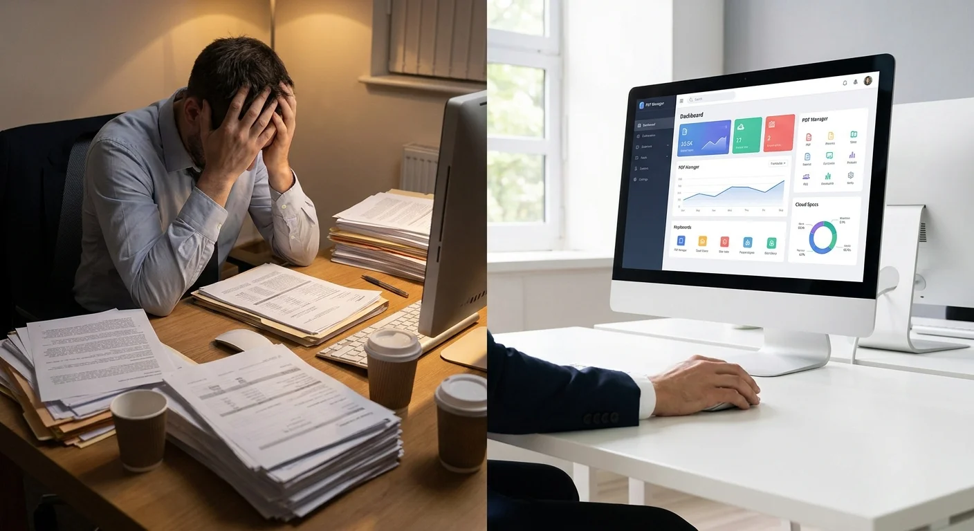 A split-screen visual showing a frustrated worker at a desk buried in printed PDF sheets on one side, and a modern, clean digital dashboard on the other.