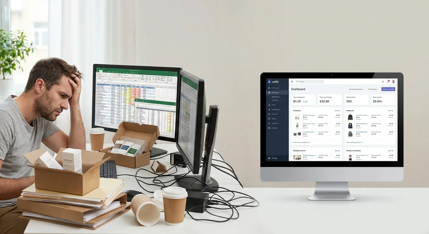 An e-commerce manager looking frustrated at a chaotic multi-monitor spreadsheet setup, contrasting with a clean, unified software dashboard.