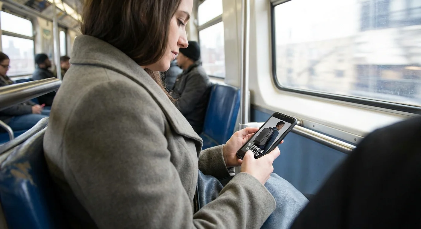 A shopper on a subway holding a smartphone that displays a high-quality, auto-playing product video with bold hardcoded captions.