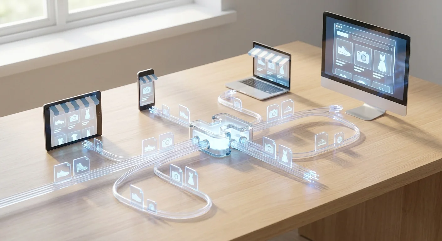A glowing futuristic network diagram showing structured product data and images seamlessly flowing from a central hub to various digital storefronts.