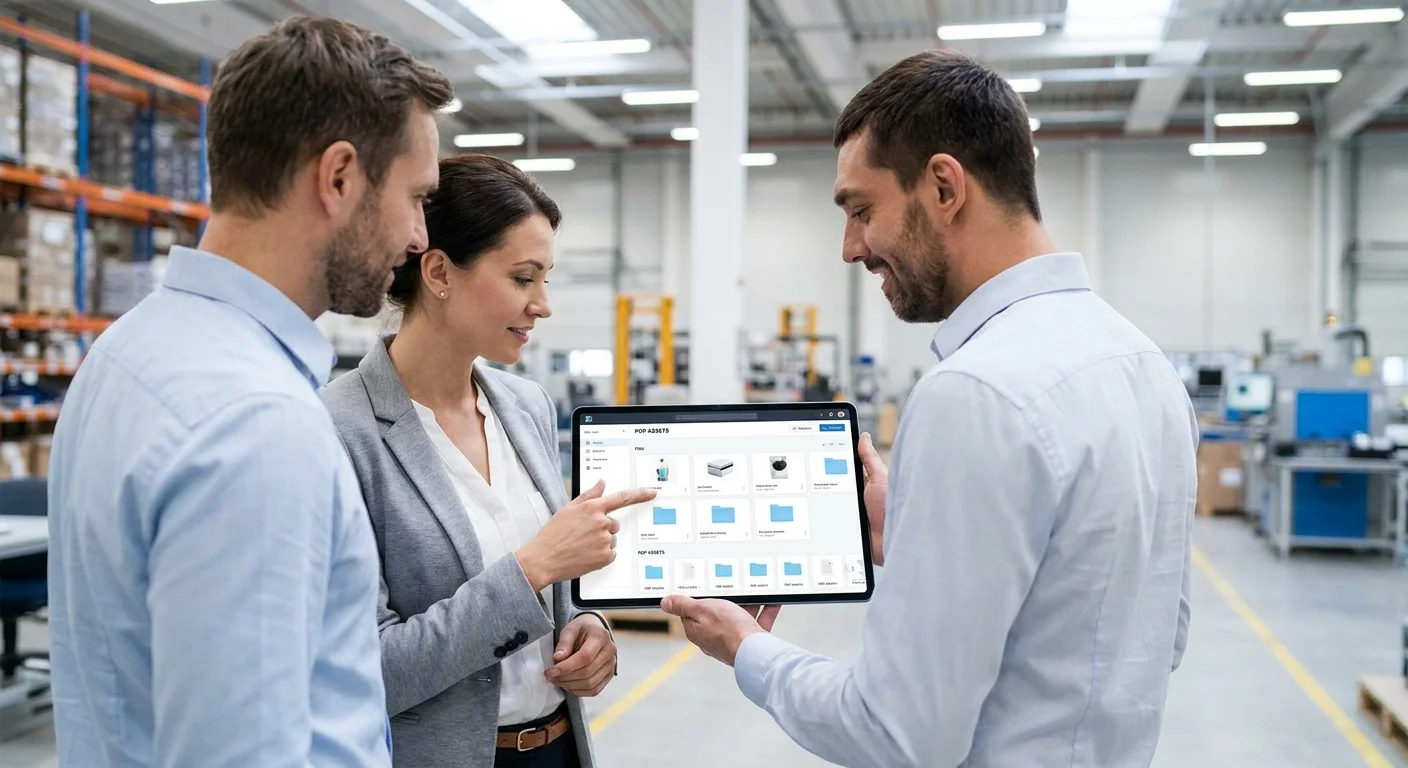 A team of B2B manufacturing executives confidently reviewing a digital brand portal on a tablet in a modern warehouse setting.