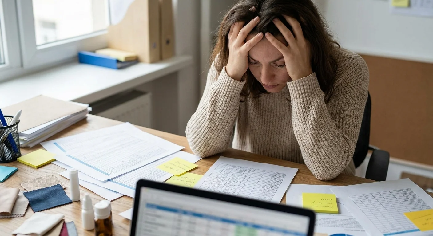 An overwhelmed e-commerce manager sitting at a desk buried in scattered spreadsheets, sticky notes, and product samples.