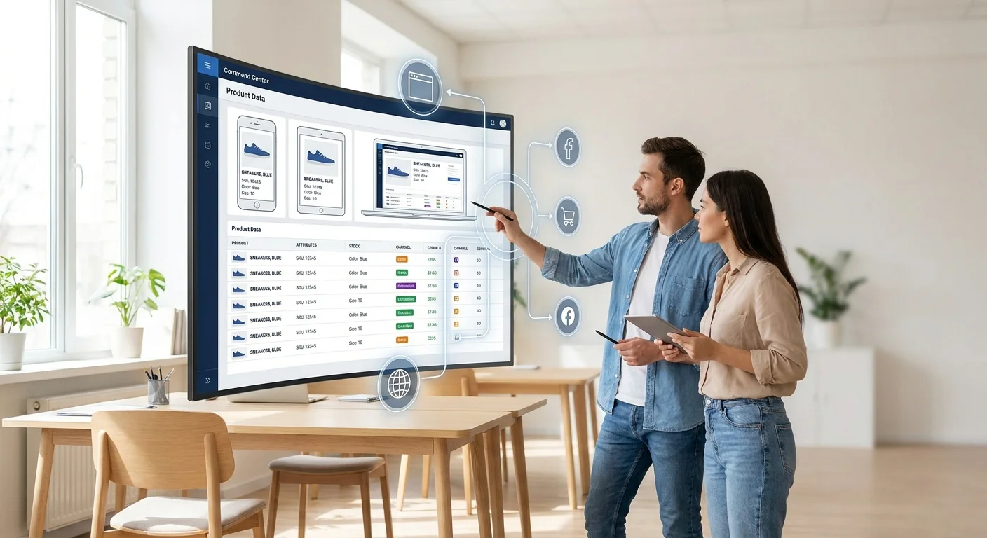 A team of e-commerce professionals looking at a massive, organized digital command center screen displaying synchronized product listings across different devices.