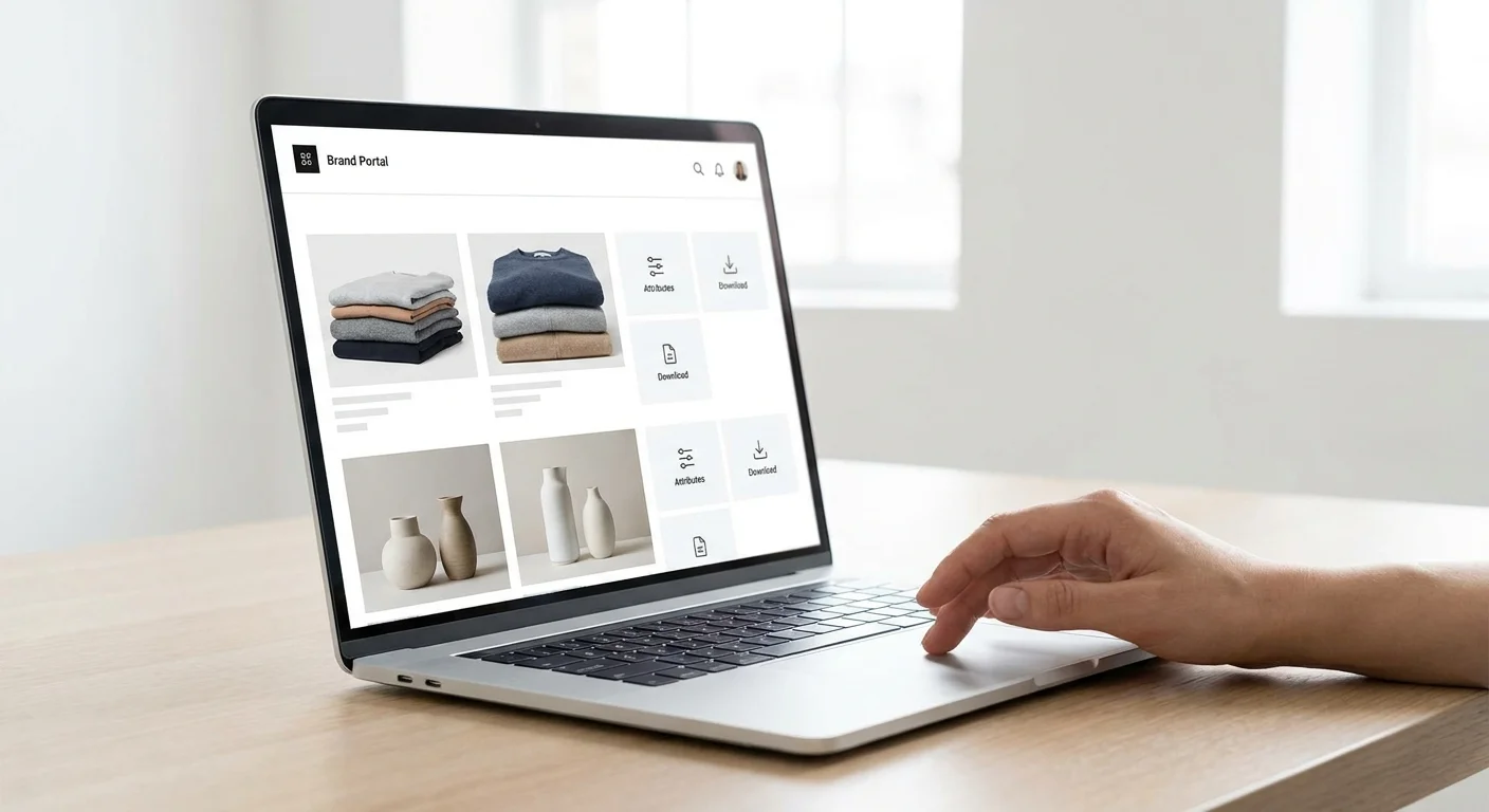 A sleek, modern laptop screen sitting on a minimalist desk, displaying a clean self-serve brand portal with high-quality product images ready for download.