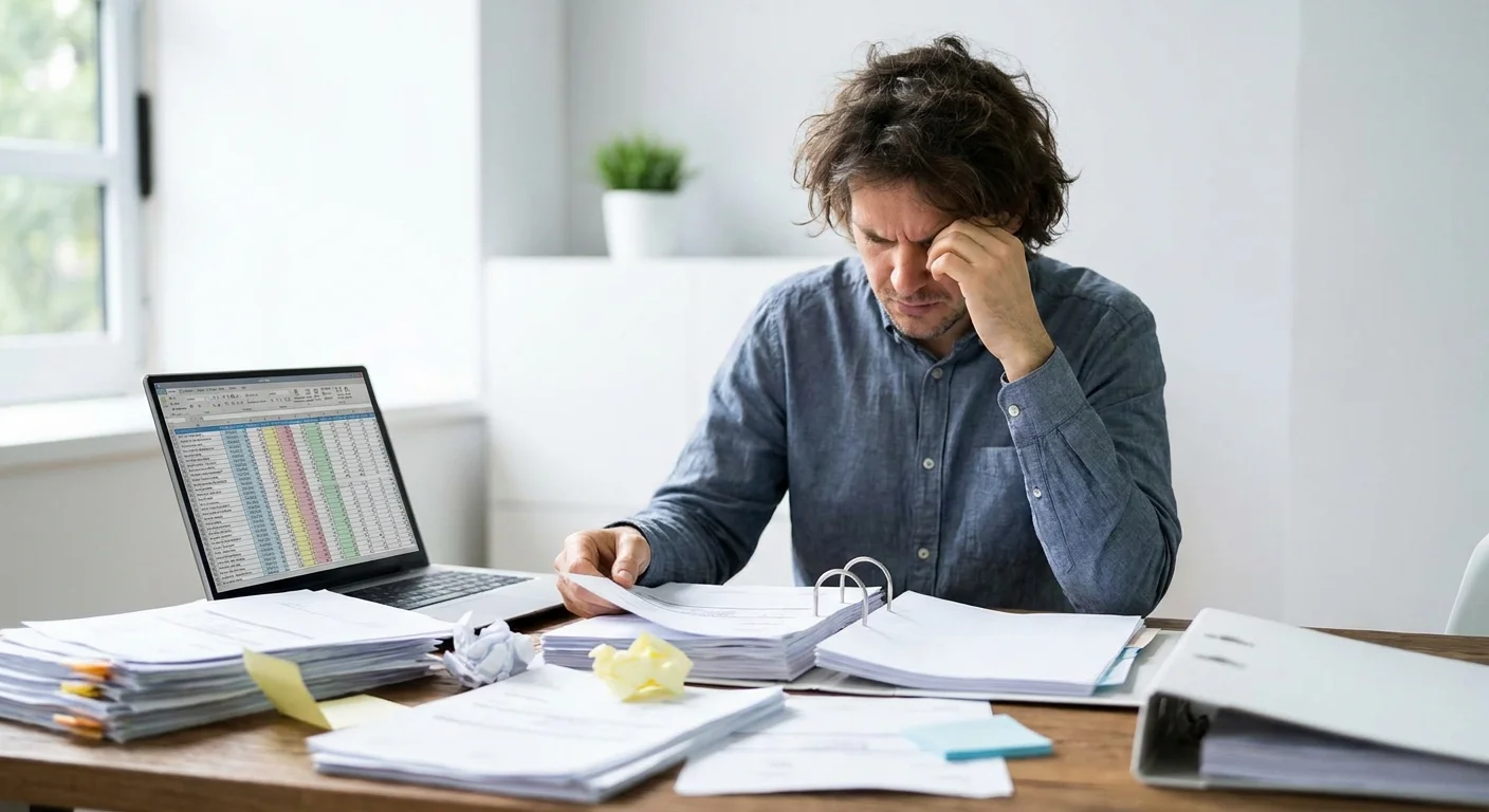 A frustrated e-commerce manager sitting at a desk overflowing with scattered spreadsheets and sticky notes.